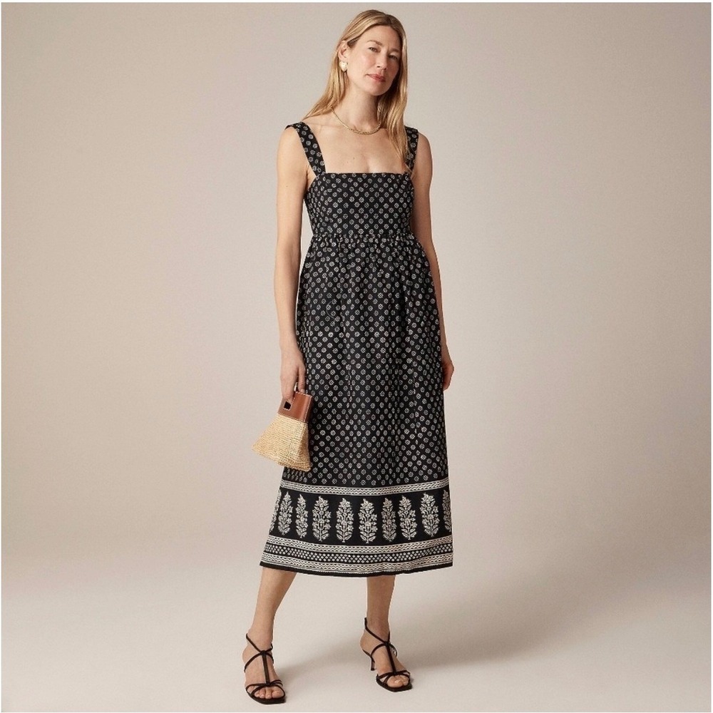 NWT J.Crew Squareneck Midi Dress in Block Print Black Size 6